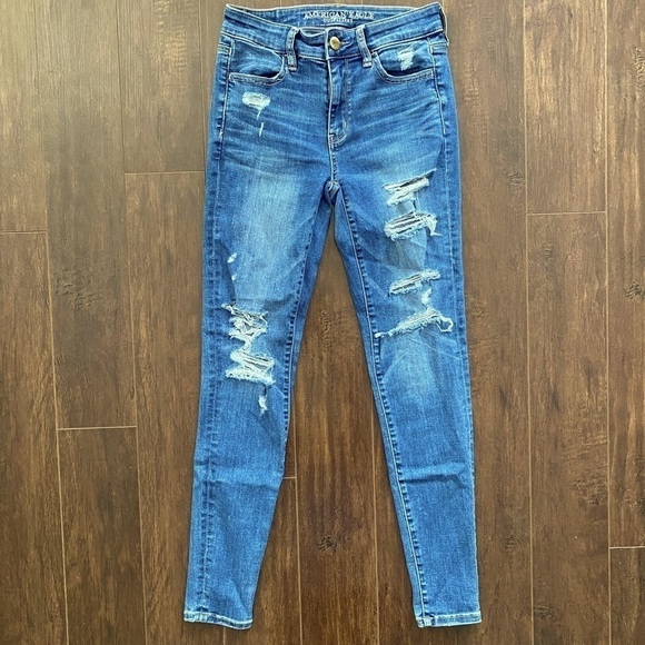 AMERICAN Eagle High Rise ripped Jeggings blue size 2 🌸 - Picture 2 of 11